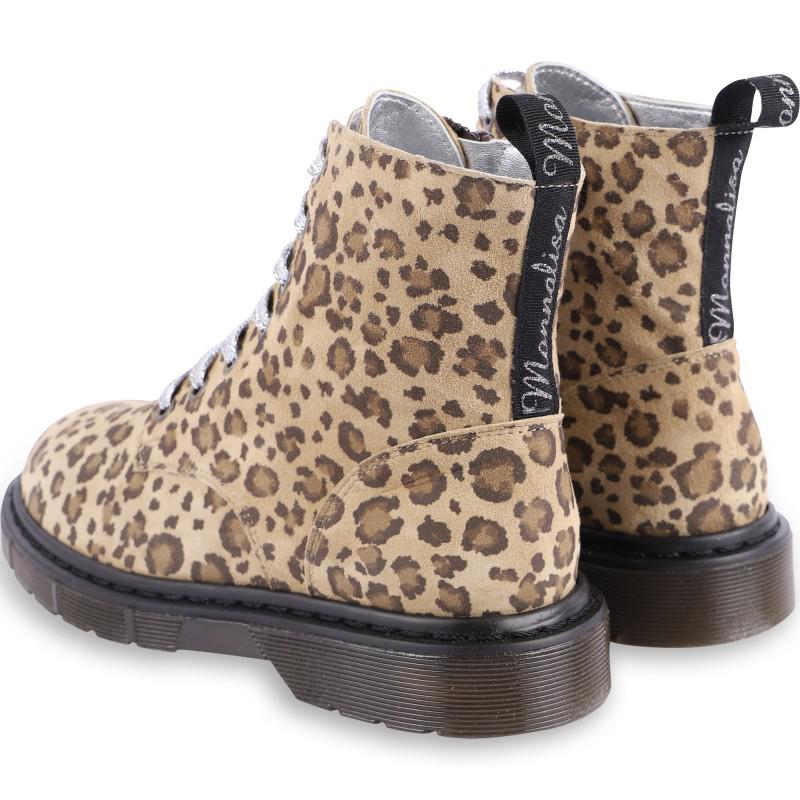 Silver lacing leopard print leather boots in beige商品第2张图片规格展示