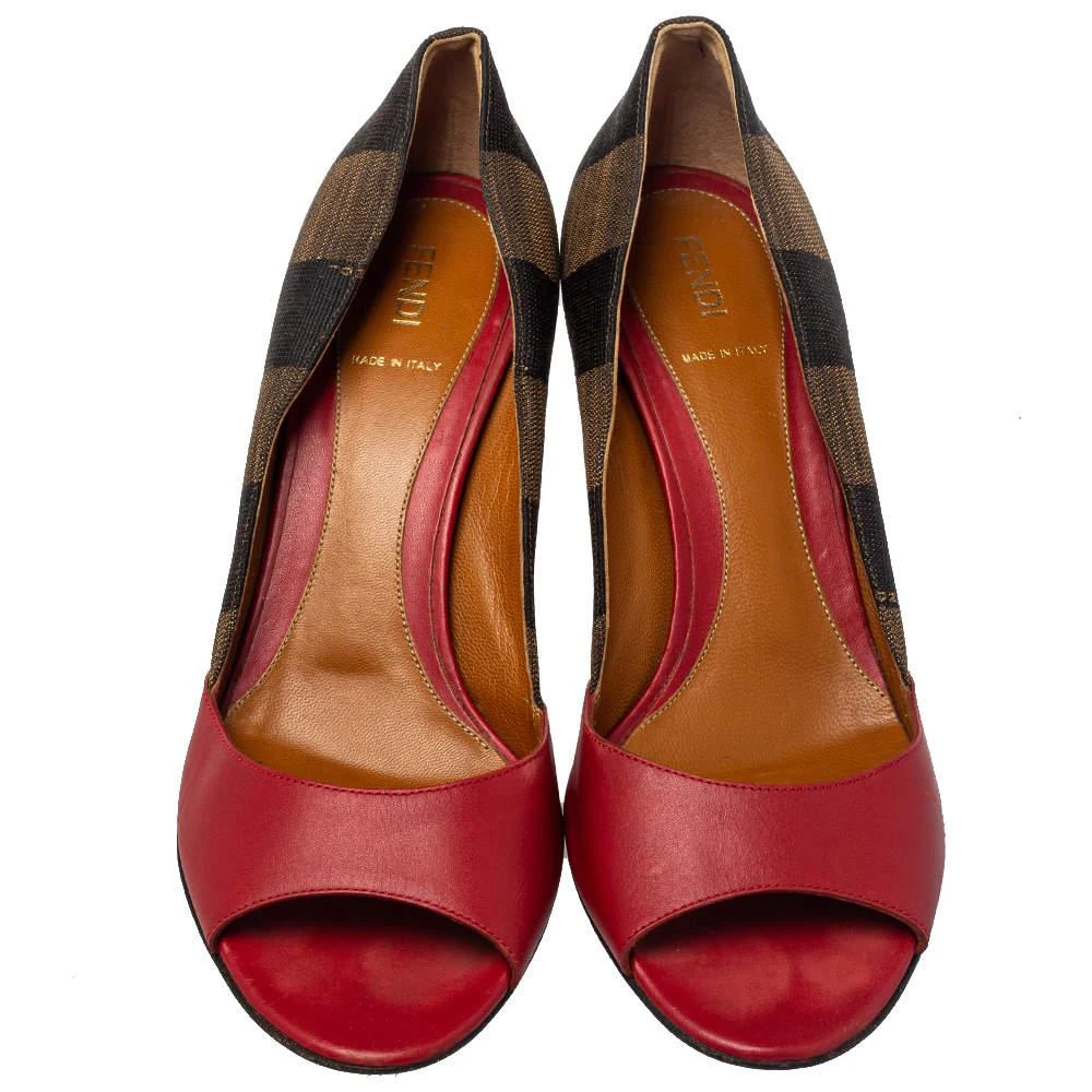 商品[二手商品] Fendi|Fendi Red Leather And Brown Pequin Canvas Peep Toe Pumps Size 39.5,价格¥1945,第3张图片详细描述