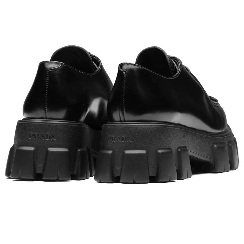 商品Prada|【预售3-7天】普拉达 21年秋冬 Monolith系列 女士黑色亮面皮革尖头系带乐福鞋1E719M_055_F0002_F_055,价格¥7830,第5张图片详细描述