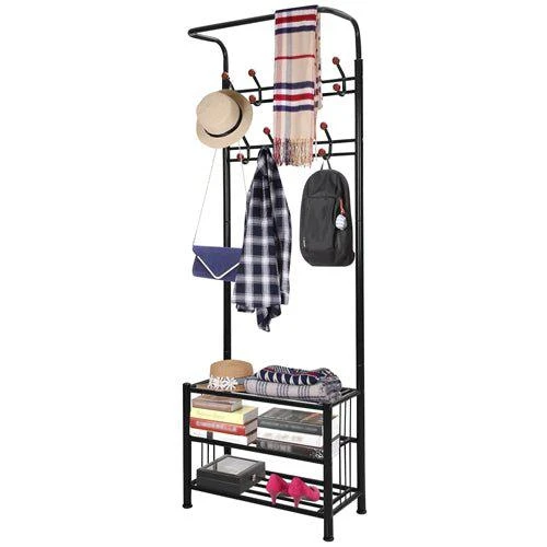 商品Fresh Fab Finds|Metal Entryway Coat Shoe Rack Hall Tree With 3-Tier Shoe Bench Shoe Storage 18 Hooks Coat Hat Rack Black,价格¥856,第1张图片