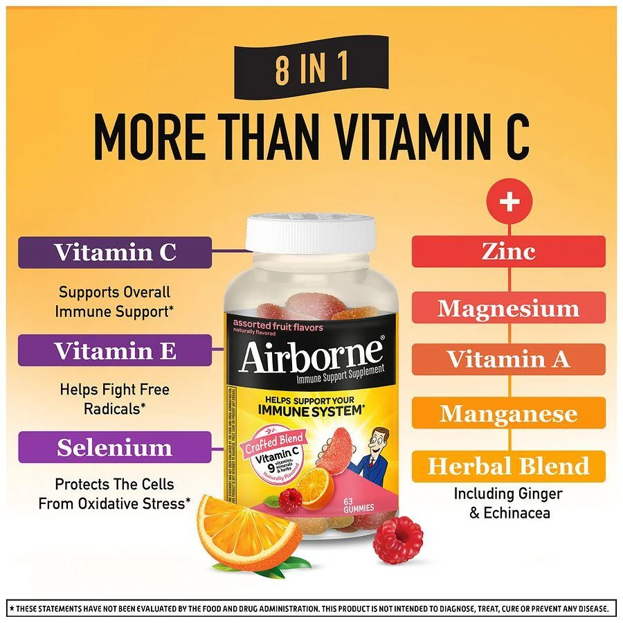 商品Airborne|Vitamin C, E, Zinc, Minerals & Herbs Immune Support Supplement Gummies Assorted Fruit,价格¥225,第2张图片详细描述