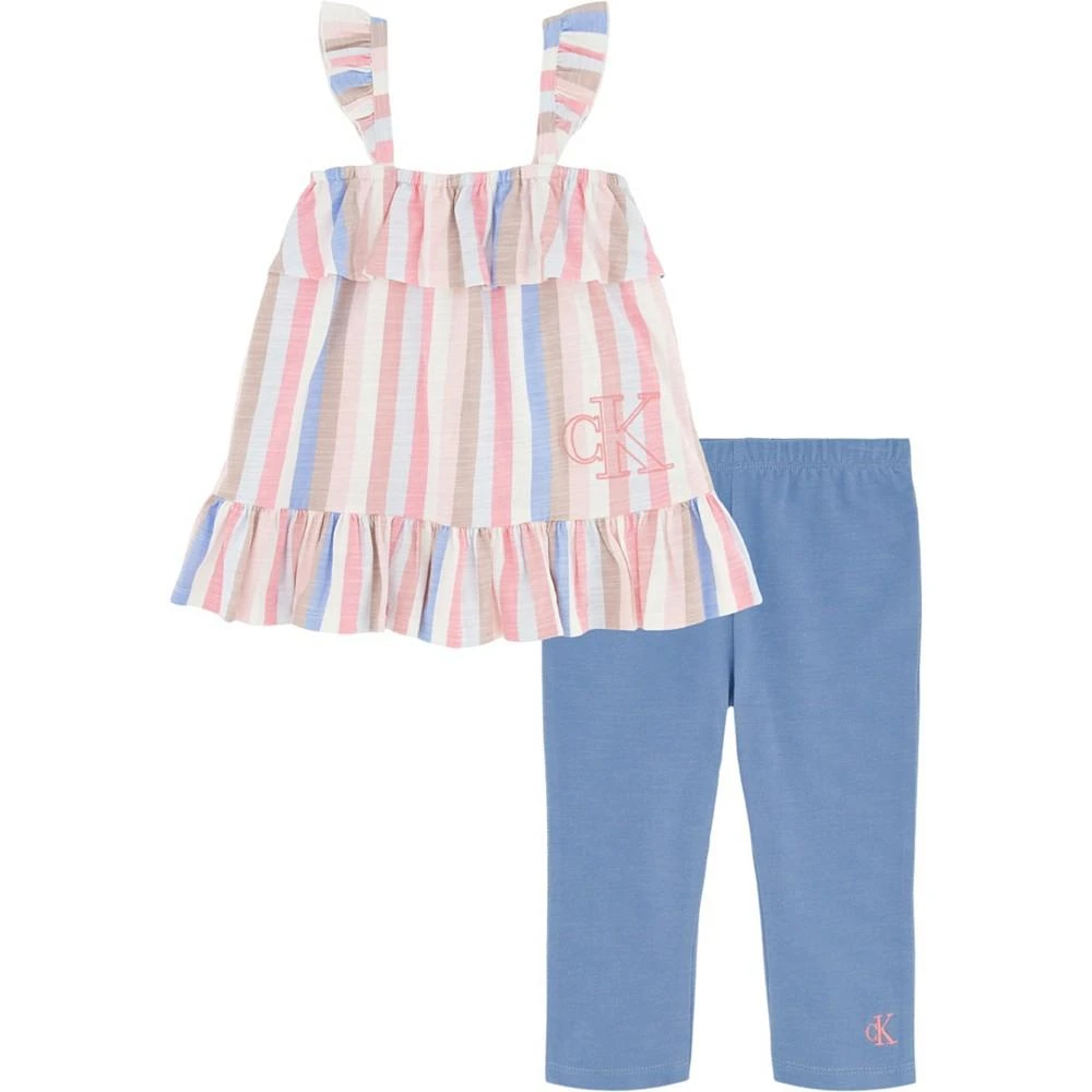 商品Calvin Klein|Little Girls Striped Tunic and Faux Denim Capri Leggings,价格¥164,第1张图片