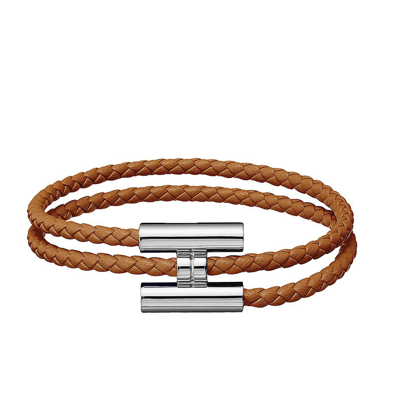 商品Hermes|【预售3-7天】HERMES/爱马仕 经典款Tournis系列 金色小牛皮编织饰H银扣手链H068406FP37,价格¥30597,第1张图片