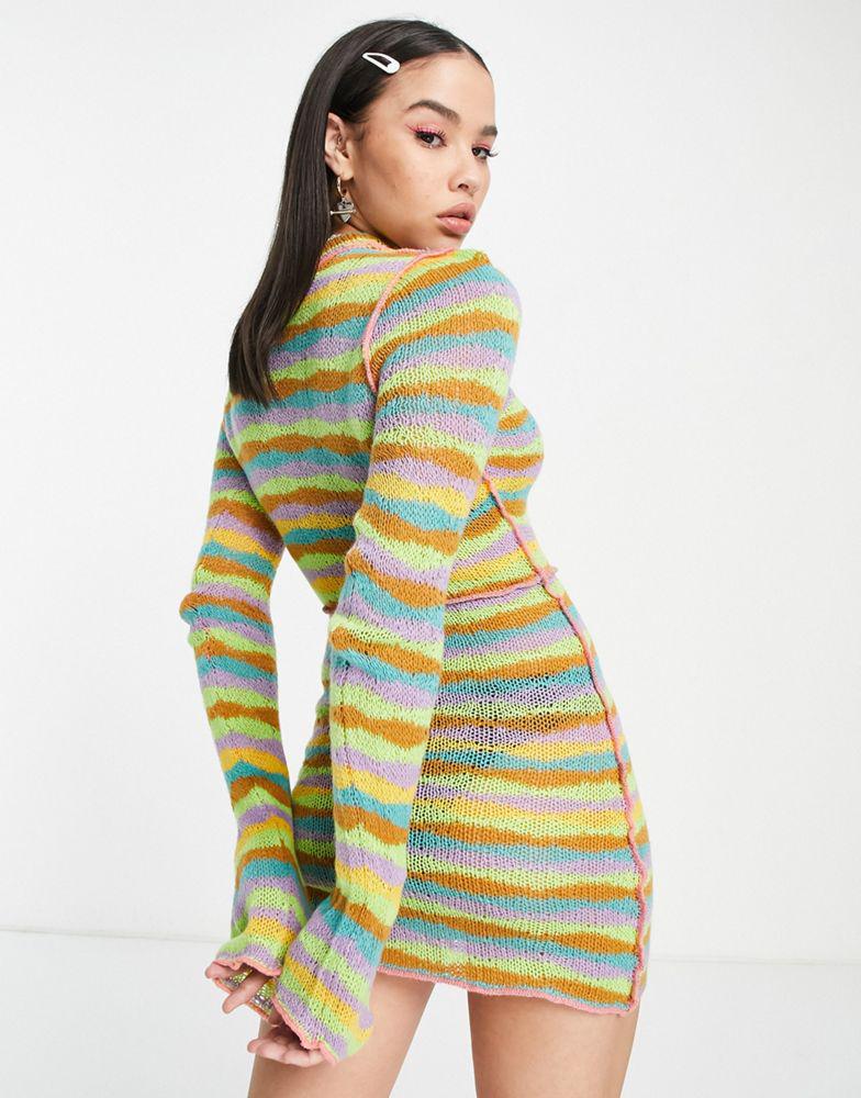 The Ragged Priest long sleeve knitted bodycon dress in rainbow stripe商品第3张图片规格展示