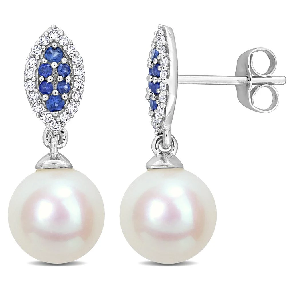 商品Mimi & Max|8mm Cultured Freshwater Pearl 1/7ct TDW Diamond 1/6ct TGW Sapphire Marquise Earrings 14k White Gold,价格¥2321,第1张图片