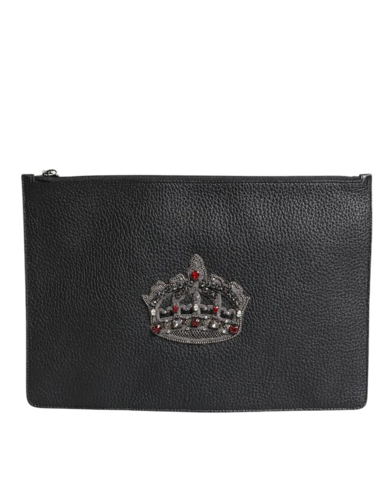商品Dolce & Gabbana|Dolce & Gabbana Black Calfskin Crown Embellished Clutch Pouch Bag,价格¥4170,第1张图片