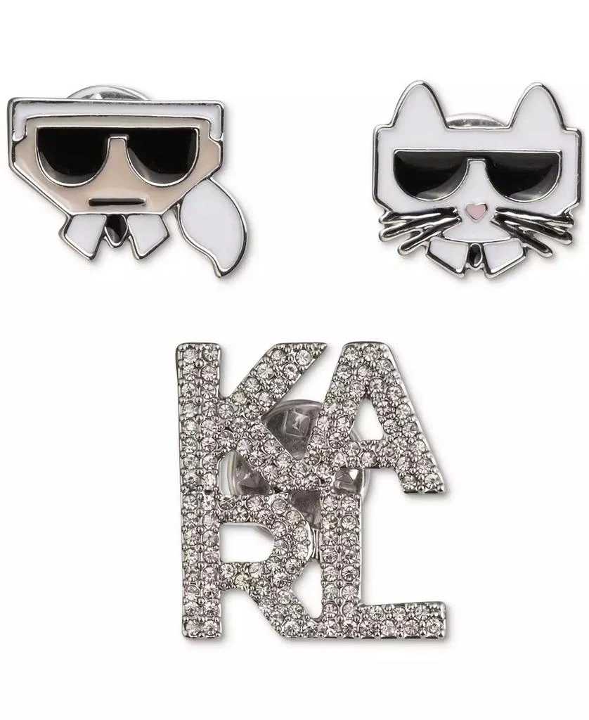 商品Karl Lagerfeld Paris|Silver-Tone 3-Pc. Set Pavé Logo & Choupette Pins,价格¥197,第1张图片