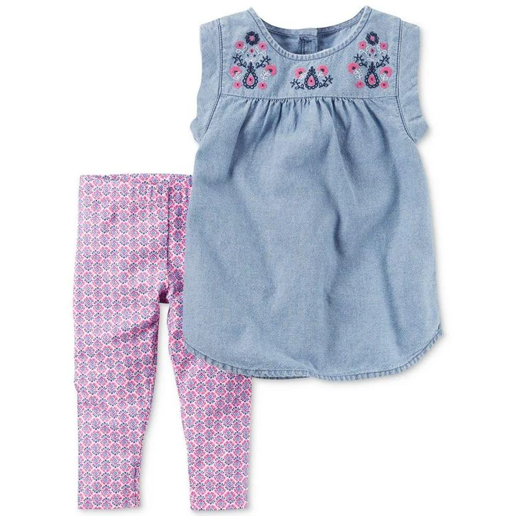 商品Carter's|2-Pc. Embroidered Chambray Top & Capri Leggings Set, Baby Girls (0-24 months),价格¥66,第2张图片详细描述