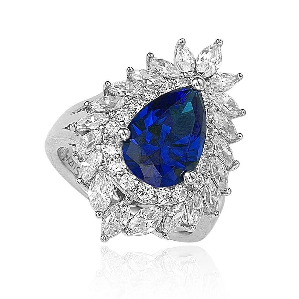 商品Suzy Levian|Suzy Levian 18k金+纯银 蓝色蓝宝石戴安娜戒指,价格¥819,第1张图片