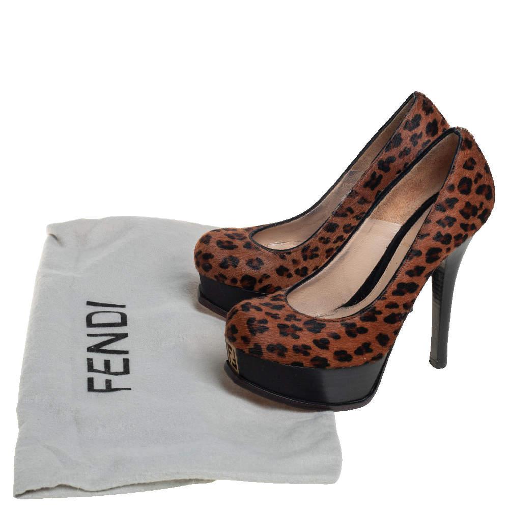 Fendi Brown Leopard Print Pony Hair Logo Decollete Heels Platform Pumps Size 35商品第8张图片规格展示