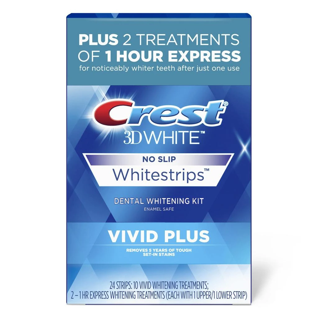 商品Crest|Crest 3DWhitestrips Vivid Plus Whitestrips 3D White, 10 Treatments + 1 Hour Express 2 Treatments Teeth Whitening Kit, 8 Levels Whiter, Crest Teeth Whitening Strips,价格¥246,第1张图片