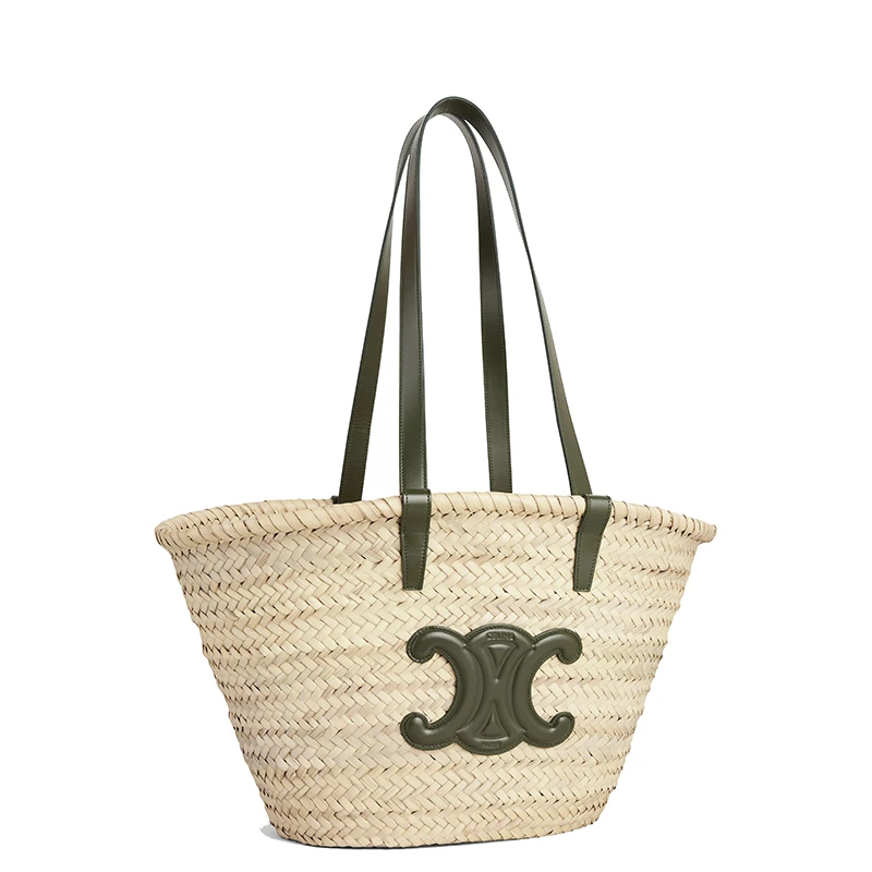 【包税】CELINE/赛琳 CLASSIC TRIOMPHE系列 女士中号原色棕榈叶配卡其色小牛皮细节单肩斜跨手工编织篮子包192622CGG.15KH 商品