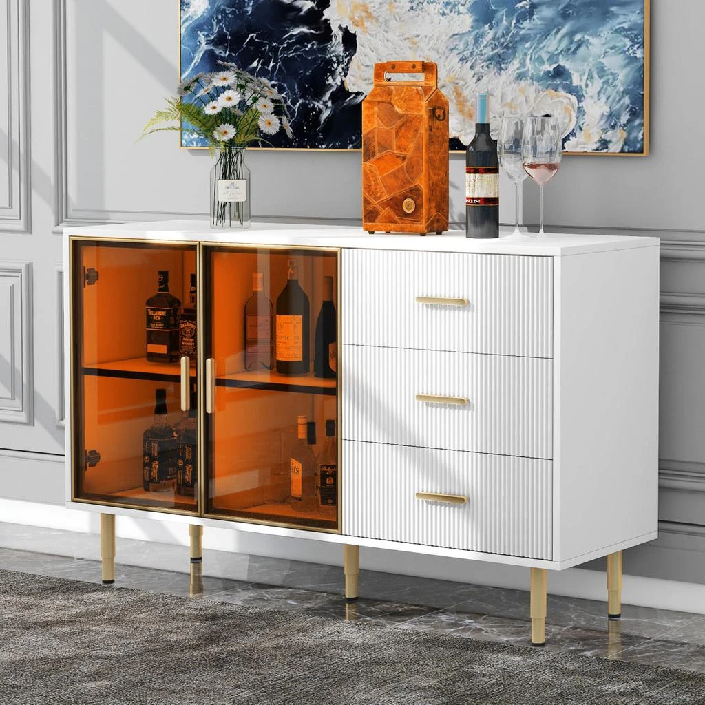 商品Simplie Fun|Modern Sideboard MDF Buffet Cabinet Marble Sticker Table Top and Amber-yellow Tempered Glass Doors,价格¥4866,第1张图片