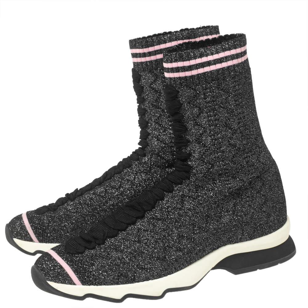 Fendi Black/Silver Glitter Knit Fabric High-Top Sock Sneakers Size 38商品第4张图片规格展示