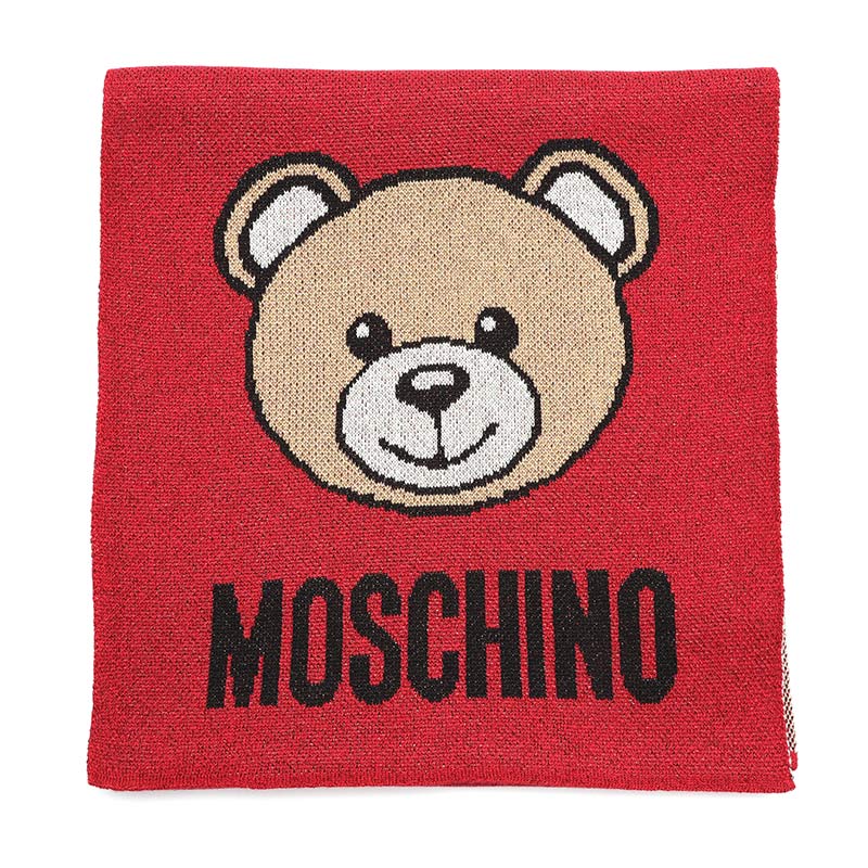 MOSCHINO/莫斯奇诺 女士 红色拼燕麦色 金银丝线小熊头像款围巾30666M2345 007商品第4张图片规格展示