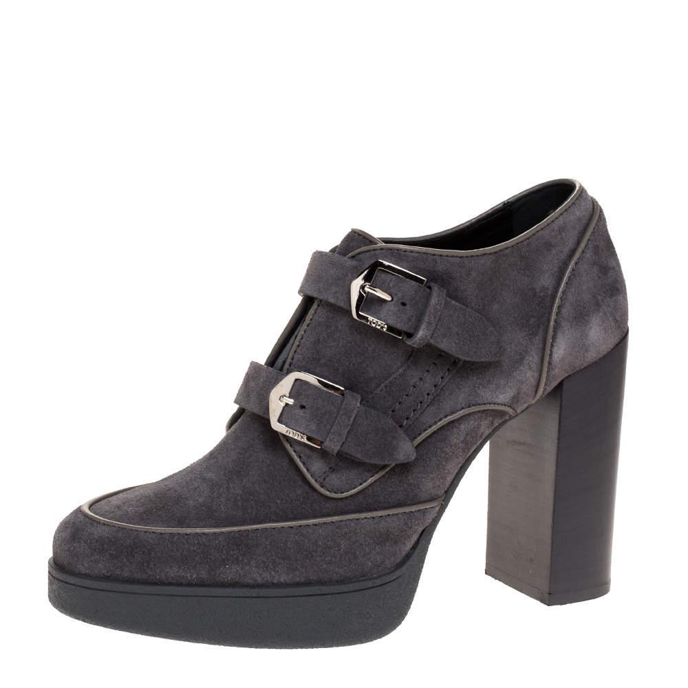 商品Tod's|Tod's Grey Suede Leather Platform Block Heel Ankle Booties Size 39,价格¥1111,第1张图片