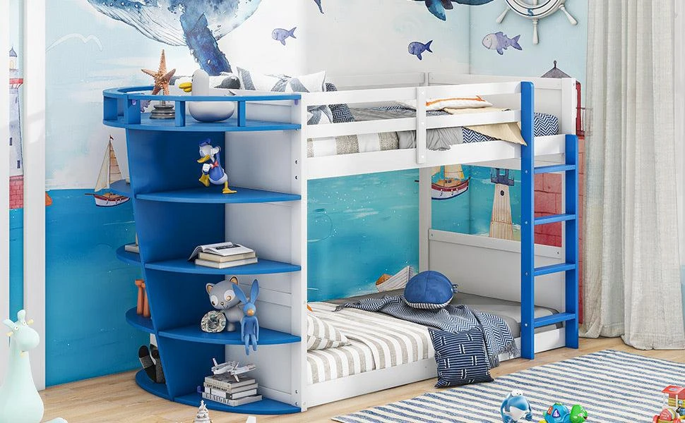 商品Simplie Fun|Twin over Twin Boat-Like Shape Bunk Bed with Storage Shelves,价格¥4199,第5张图片详细描述