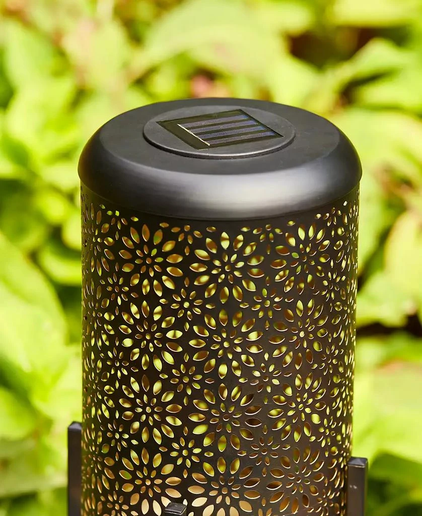 14.25" H Set of 2 Black and Gold-Tone Metal Cutout Flower Pattern Solar Powered LED Outdoor Lantern with Stand 商品