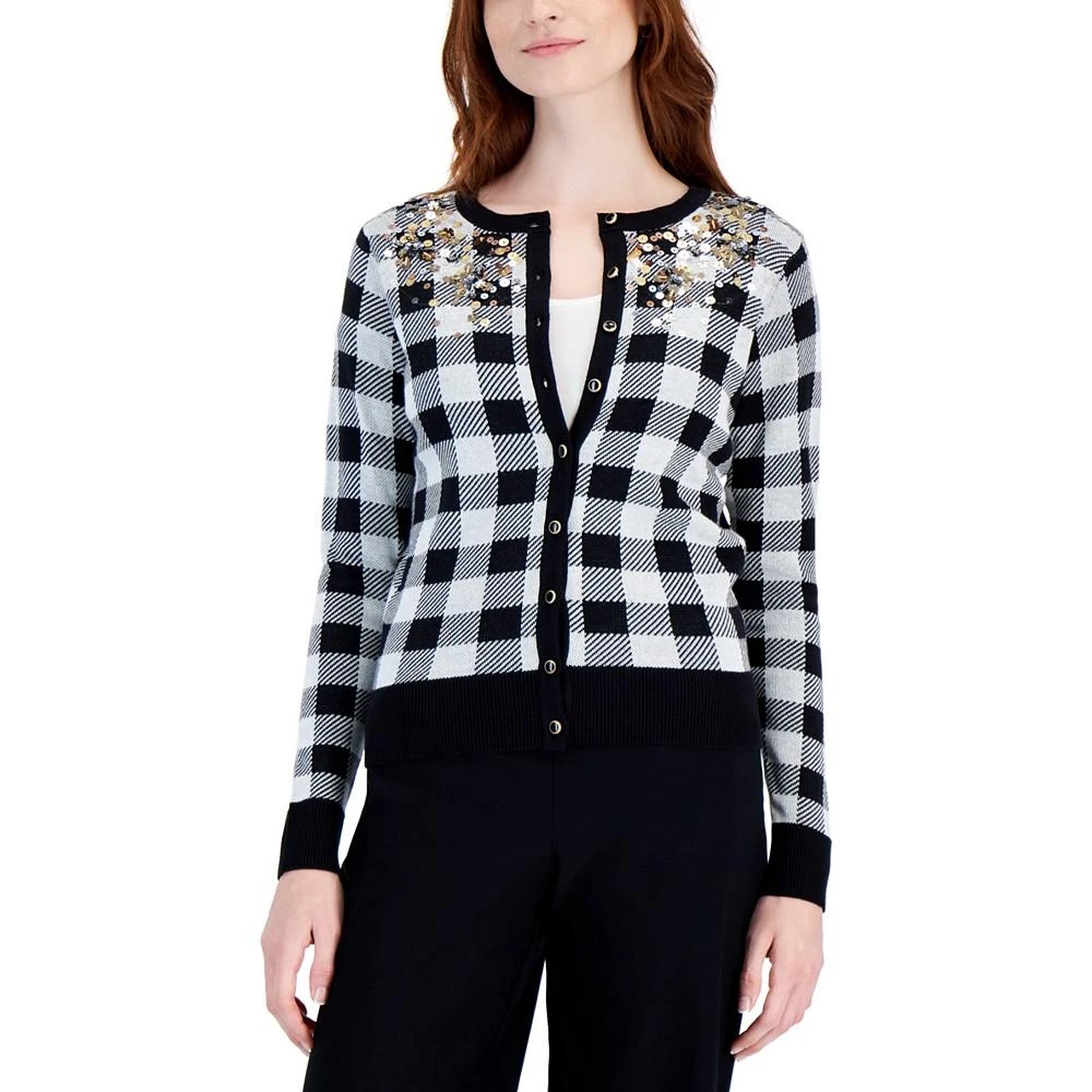 商品Charter Club|Petite Embellished Plaid Cardigan, Created for Macy's,价格¥70,第1张图片