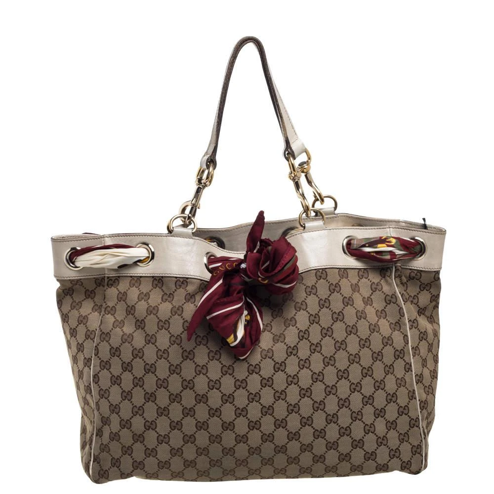 商品[二手商品] Gucci|Gucci Beige/Off White GG Canvas and Leather Large Positano Scarf Tote,价格¥2924,第1张图片