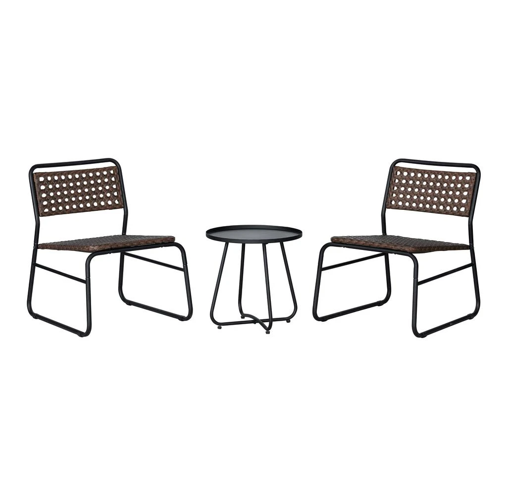 商品JONATHAN Y|Freja 3-Piece Mid-Century Modern Faux Rattan Conversation Outdoor Patio Set, Black/Brown,价格¥2051,第1张图片