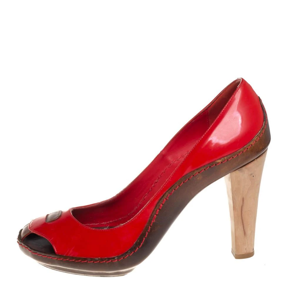 商品[二手商品] Celine|Celine Red/Brown Leather and Patent Leather Pick Toe Pumps Size 39,价格¥1228,第2张图片详细描述