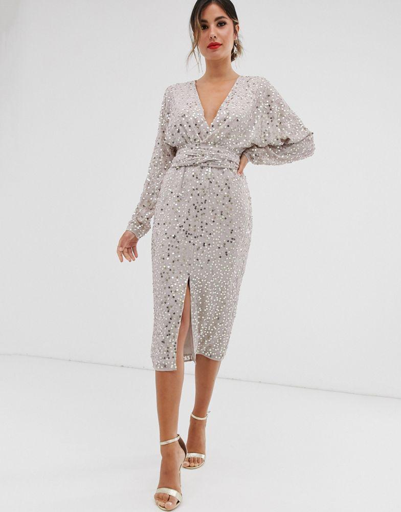 商品ASOS|ASOS DESIGN midi dress with batwing sleeve and wrap waist in scatter sequin,价格¥727,第1张图片