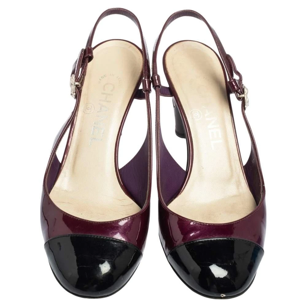 商品[二手商品] Chanel|Chanel Purple/Black Patent Leather Cap Toe Slingback Sandals Size 37,价格¥1903,第3张图片详细描述