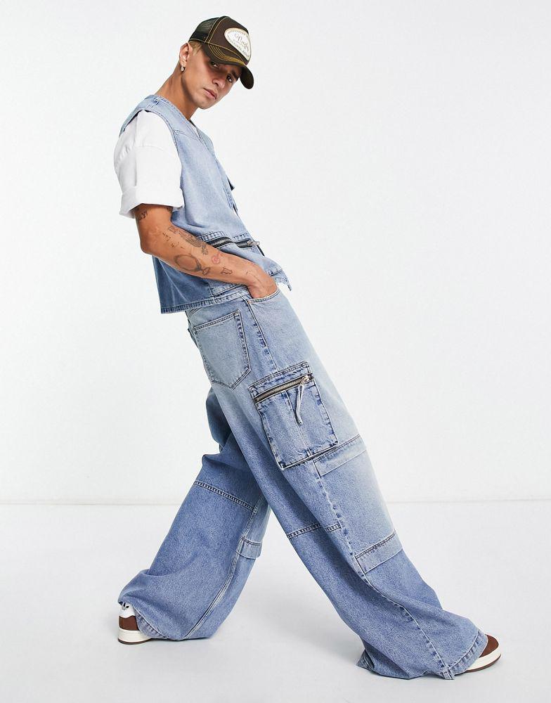 ASOS DESIGN co-ord extreme wide leg jeans in vintage light wash blue with cargo detail商品第4张图片规格展示