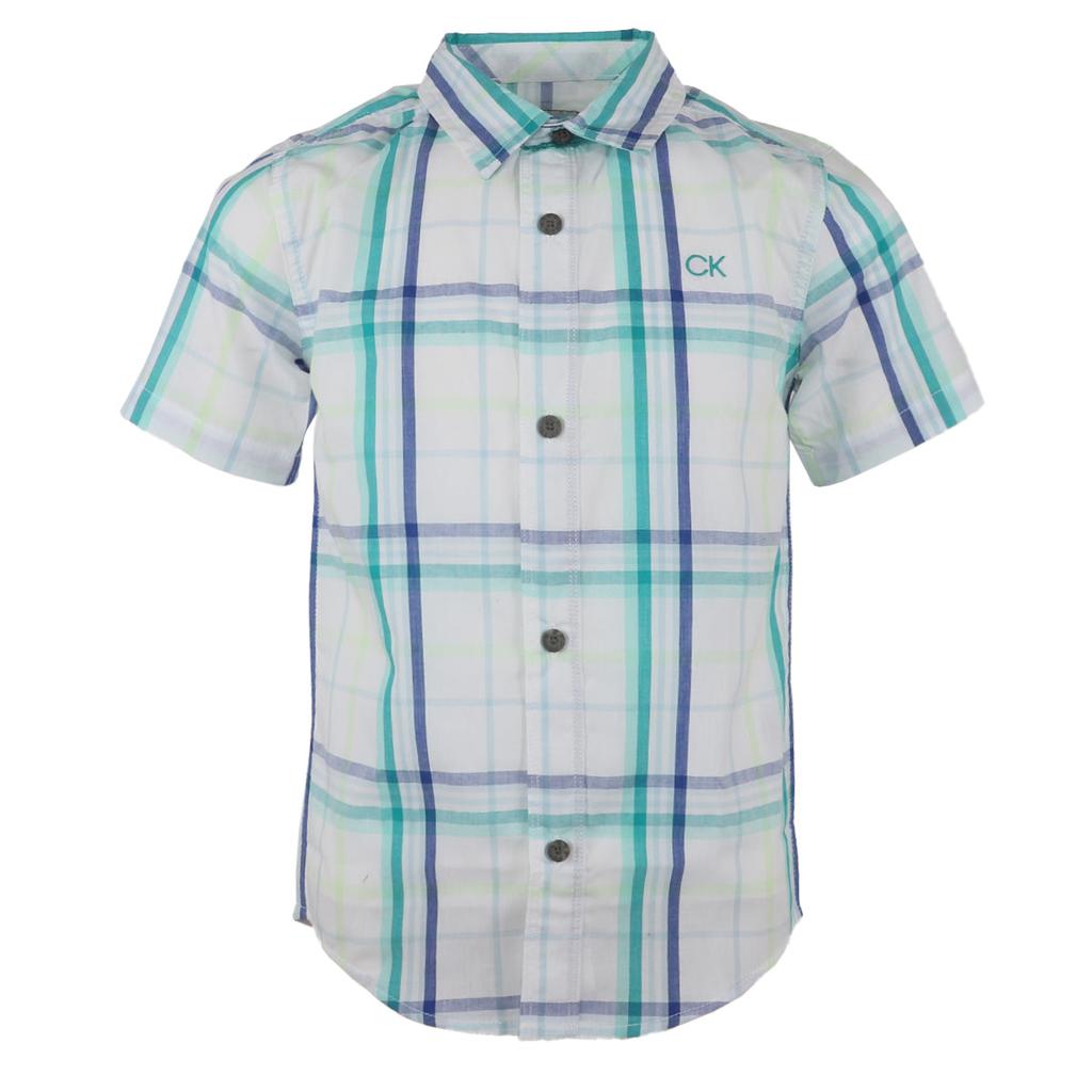 Calvin Klein Little Boys' Short Sleeve Button up Woven Shirt City Plaid White商品第1张图片规格展示