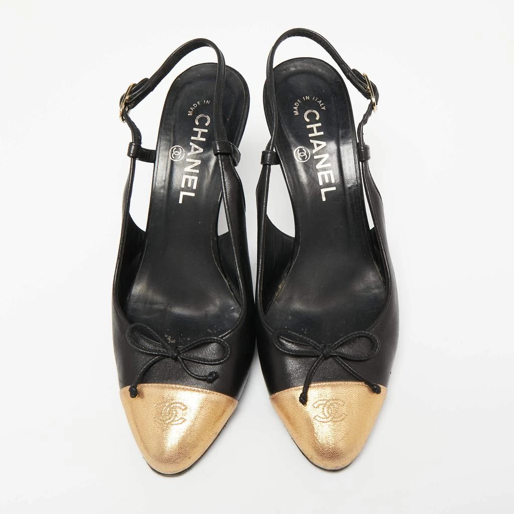 商品[二手商品] Chanel|Chanel Black/Gold Leather Bow CC Cap-Toe Slingback Pumps Size 38,价格¥2638,第3张图片详细描述