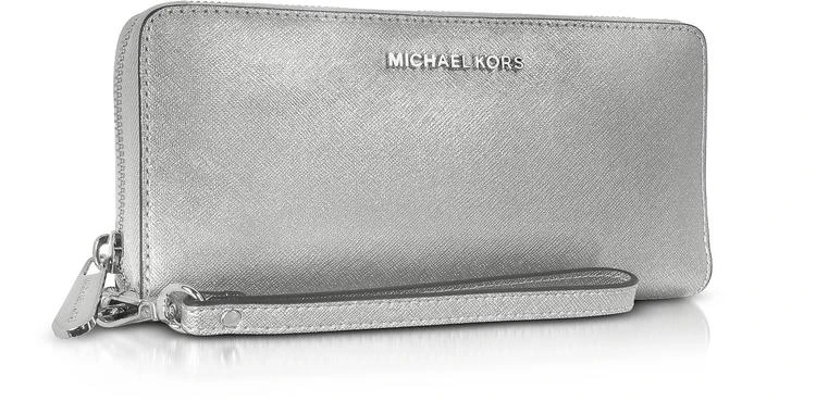 商品Michael Kors|Michael Kors Jet Set Travel Large Silver Metallic Leather Continental Wallet,价格¥987,第2张图片详细描述