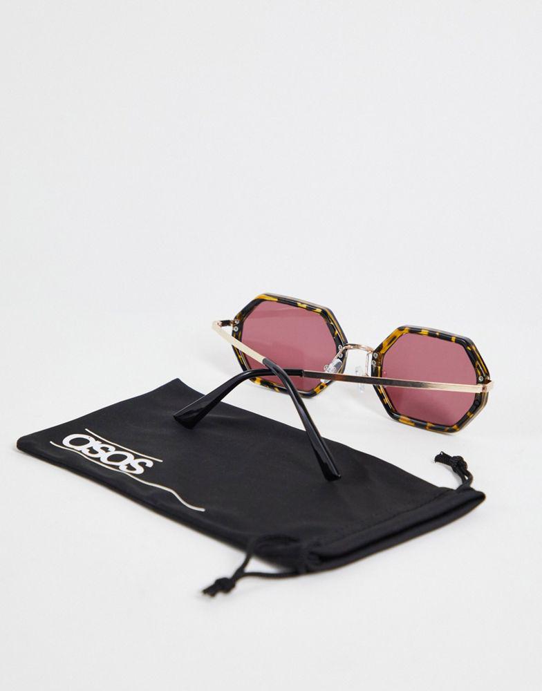 ASOS DESIGN hexagon sunglasses with purple lens in brown tortoiseshell商品第4张图片规格展示