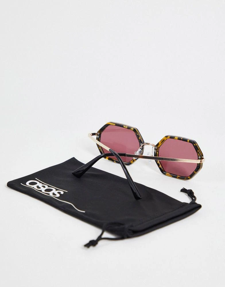 商品ASOS|ASOS DESIGN hexagon sunglasses with purple lens in brown tortoiseshell,价格¥77,第4张图片详细描述