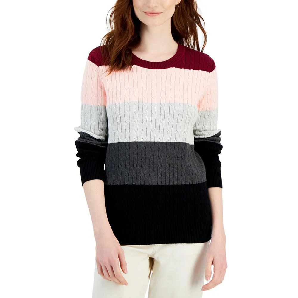 商品Karen Scott|Women's Cable Crewneck Gemma Stripe Sweater, Created for Macy's,价格¥142,第1张图片详细描述