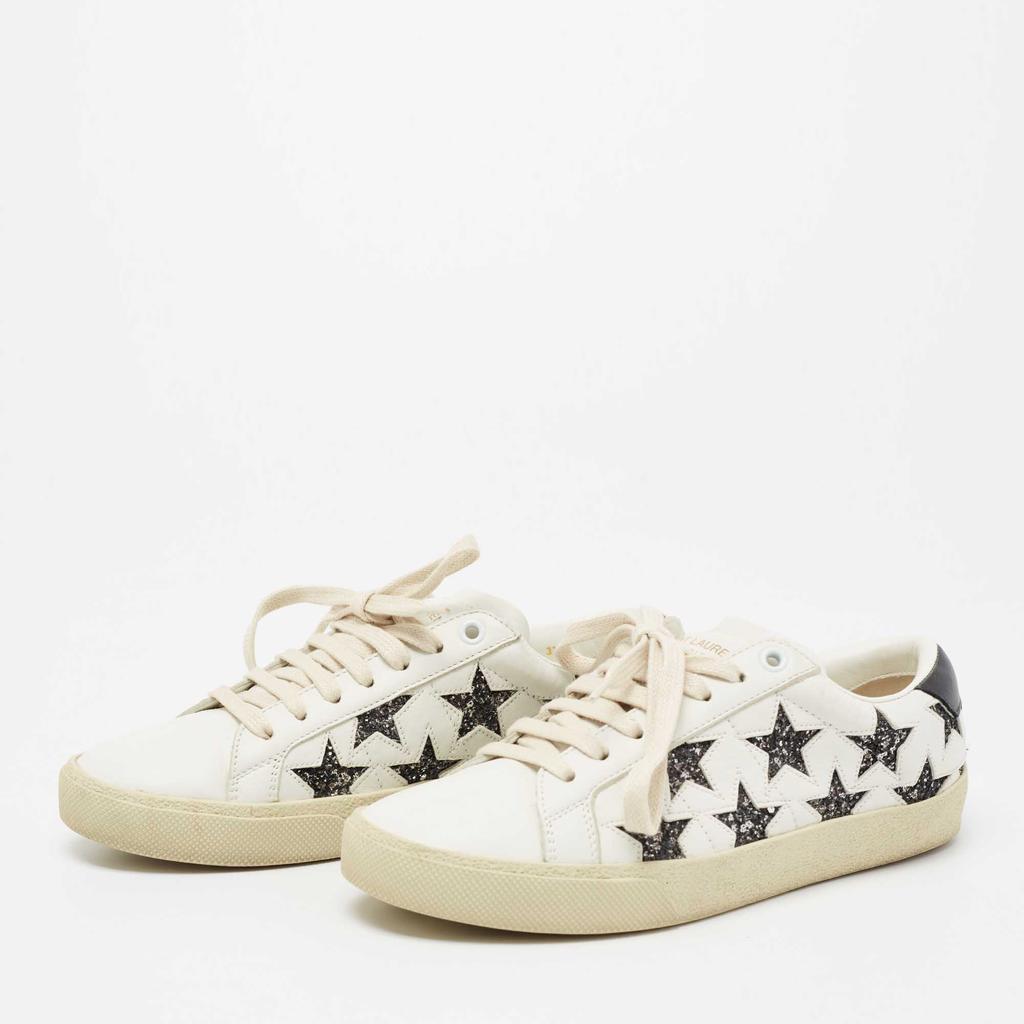 商品[二手商品] Yves Saint Laurent|Saint Laurent White/Black Leather  And Glitter Star Patch Low Top Sneakers Size  37,价格¥2766,第4张图片详细描述