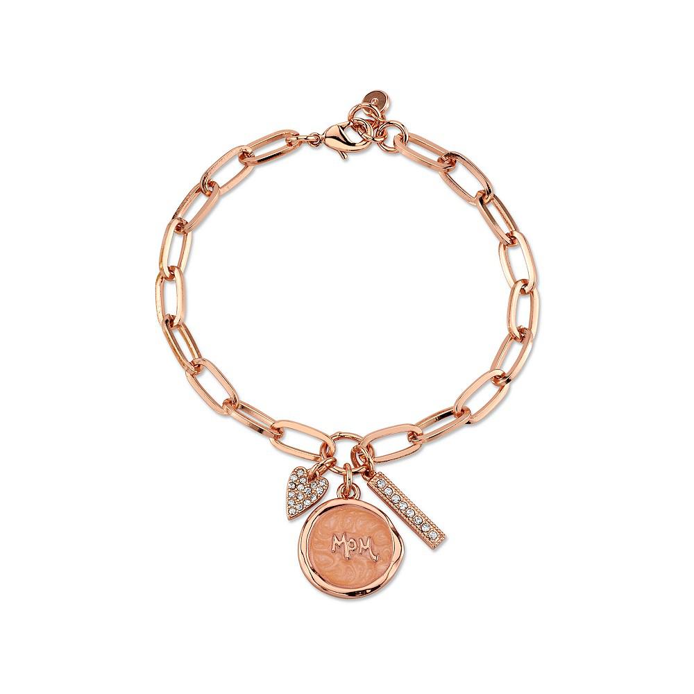 Rose Gold Tone Plated Silver "Mom" Crystal Heart Charm Link Bracelet商品第1张图片规格展示