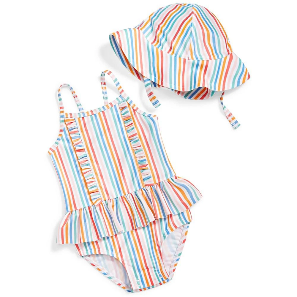 商品First Impressions|Baby Girls Striped One Piece Swimsuit and Hat, 2 Piece Set, UPF 50, Created for Macy's,价格¥177,第1张图片