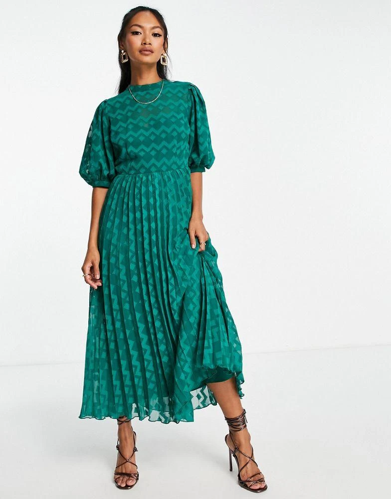 商品ASOS|ASOS DESIGN high neck pleated chevron dobby midi dress with puff sleeve in forest green,价格¥227,第4张图片详细描述