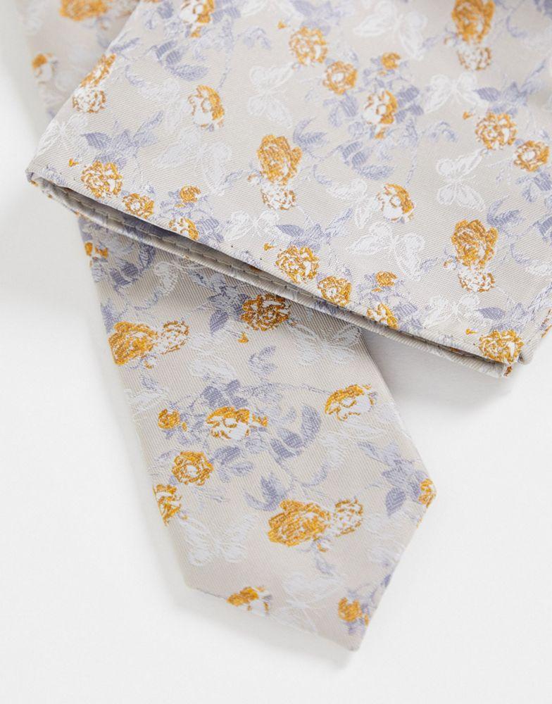 ASOS DESIGN slim tie and pocket square in neutral floral商品第2张图片规格展示