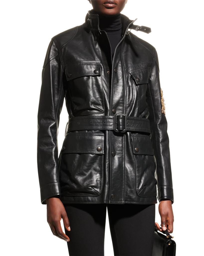 商品Ralph Lauren|Cadena Logo-Patch Belted Leather Moto Jacket,价格¥30809,第1张图片