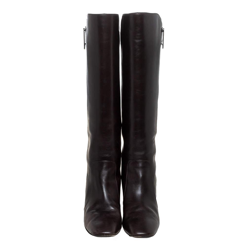 Roger Vivier Dark Brown Leather Buckle Detail Knee Length Boots Size 36.5商品第3张图片规格展示