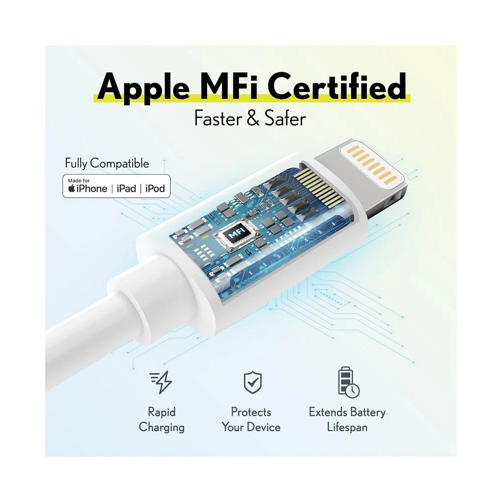 商品Overtime|Apple MFi Certified iPhone 11/XR/SE/10/8 10ft Charging Cable | USB to Lightning Cable for iPhone - White,价格¥119,第3张图片详细描述