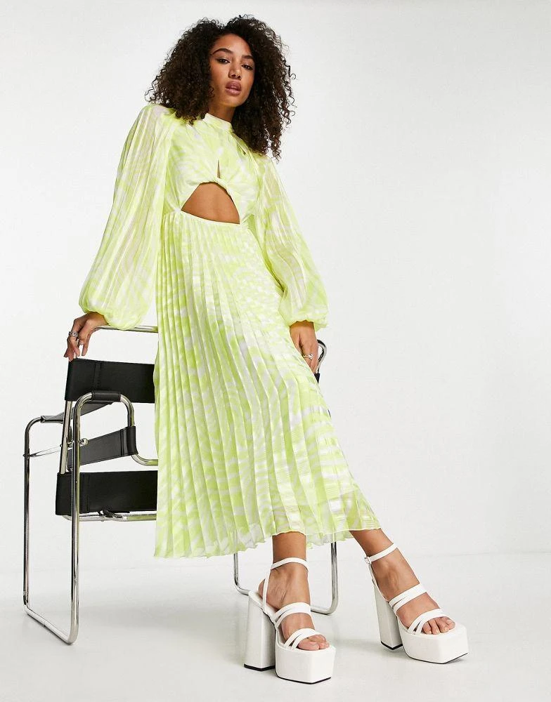 商品ASOS|ASOS DESIGN knot front high neck cutout pleated midi dress in yellow textured stripe,价格¥309,第4张图片详细描述