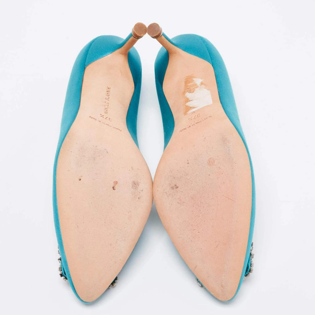 Manolo Blahnik Aqua Blue Satin Crystal Embellished Hangisi Pointed Toe Pumps Size 37.5 商品