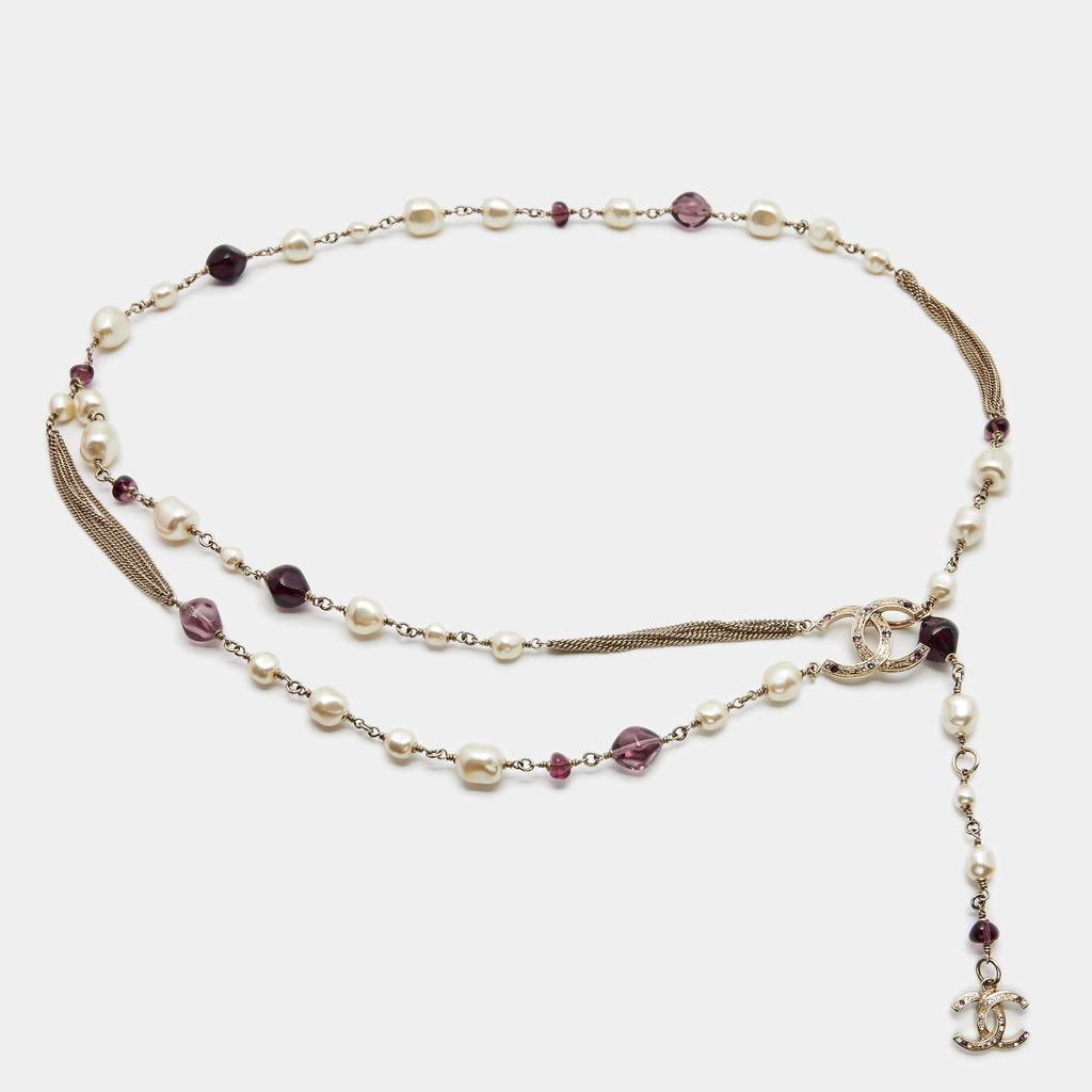 商品[二手商品] Chanel|Chanel Gold Tone Purple Stone & Faux Pearl CC Chain Belt,价格¥8230,第1张图片