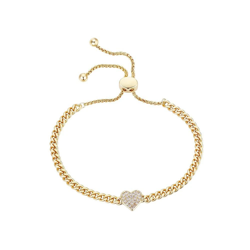 商品Unwritten|Gold Flash-Plated Cubic Zirconia Pave Heart Curb Chain Adjustable Bolo Bracelet,价格¥306,第1张图片