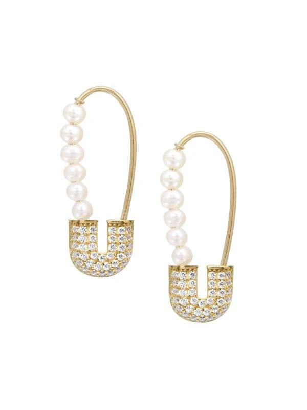 商品Gabi Rielle|Grand Entrance 14K Gold Vermeil, Pearl & Cubic Zirconia Safety Pin Drop Earrings,价格¥458,第1张图片