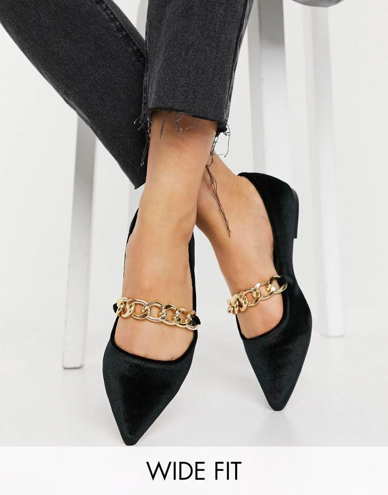 商品ASOS|ASOS DESIGN Wide Fit Lise pointed chain ballet flats in black velvet,价格¥132,第1张图片