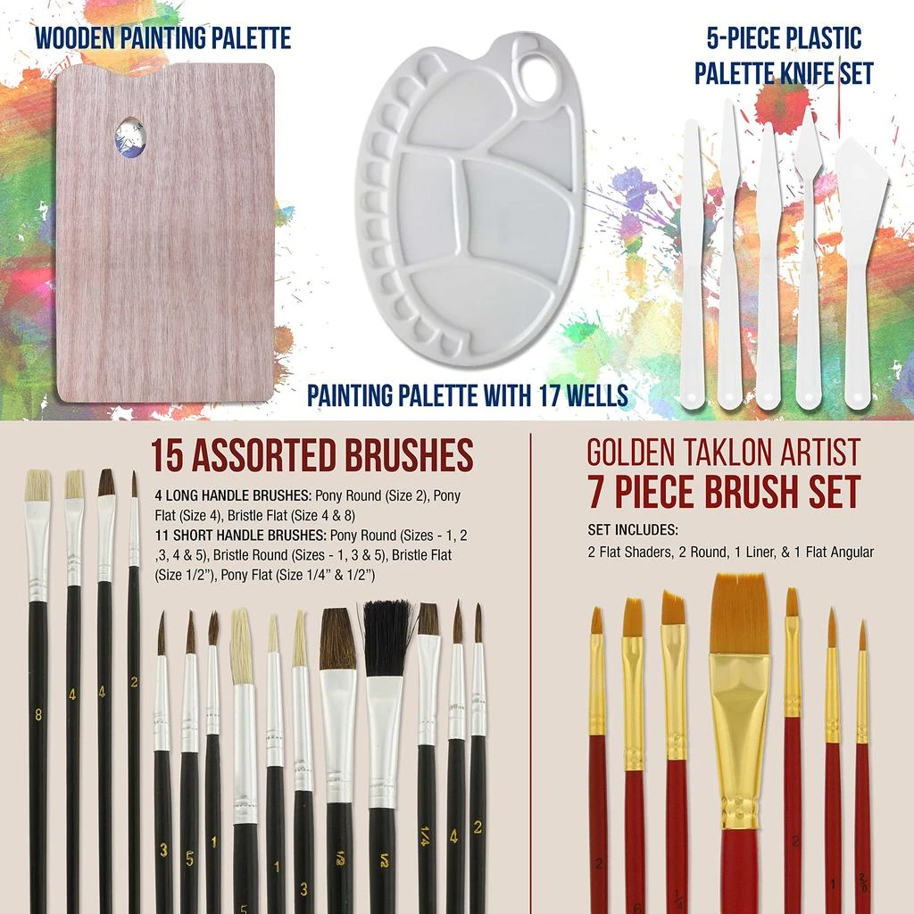 商品U.S. Art Supply|US ART SUPPLY 121-Piece Custom Artist Painting Kit with Coronado Sonoma Easel, 24-Tubes Acrylic Colors, 24-Tubes Oil Painting Colors, 24-tubes Watercolor Painting Colors, 2-each 16"x20" Artist Quality Stretched Canvases, 6-each 11"x14" Canvas Panels, 11"x14" Watercolor Paper Pad, 10-Natural Hair Bristle Paint Brushes, 7-Nylon Hair Paint Brushes, 15-Multipurpose Paint Brushes, Trowel, 5 Pallete Knives, 17-Well Paint Mixing Pallete,价格¥671,第5张图片详细描述